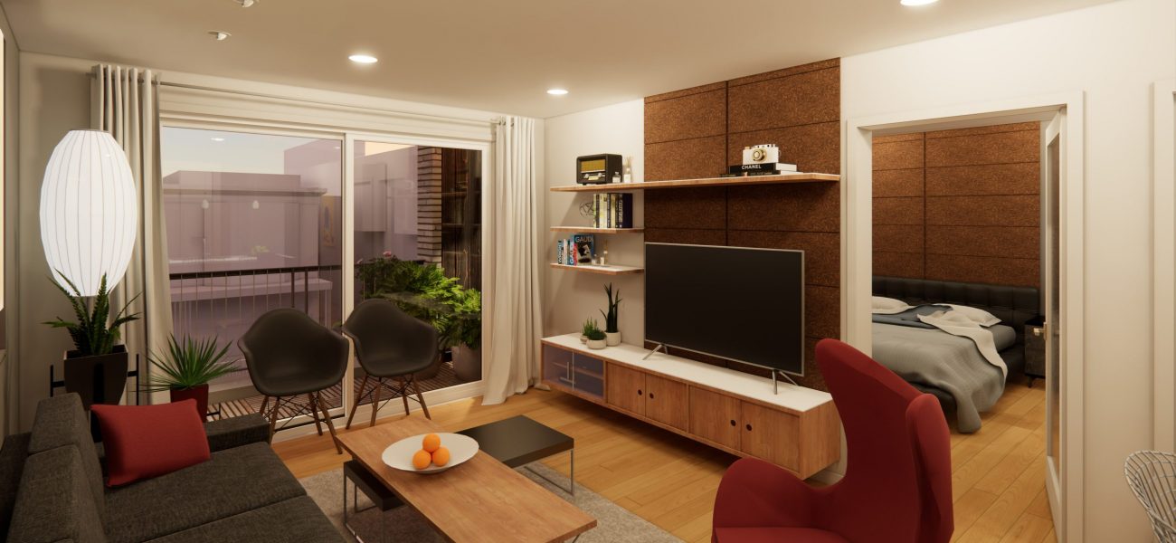 View of Typical 1 Bedroom Living Room with Bedroom Beyond.